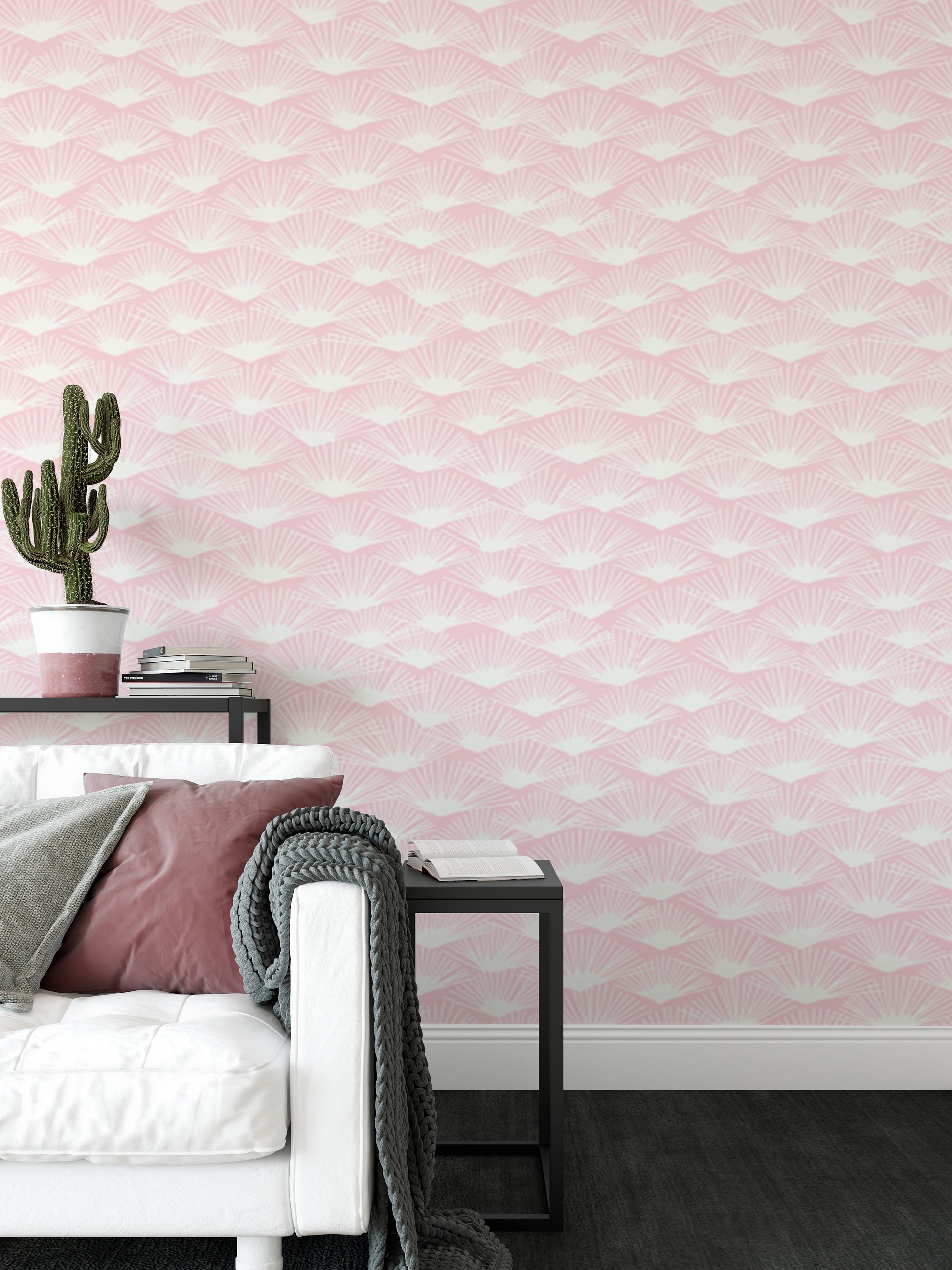 Modern Tropical Blush Fanfare wallpaper for stylish spaces.
