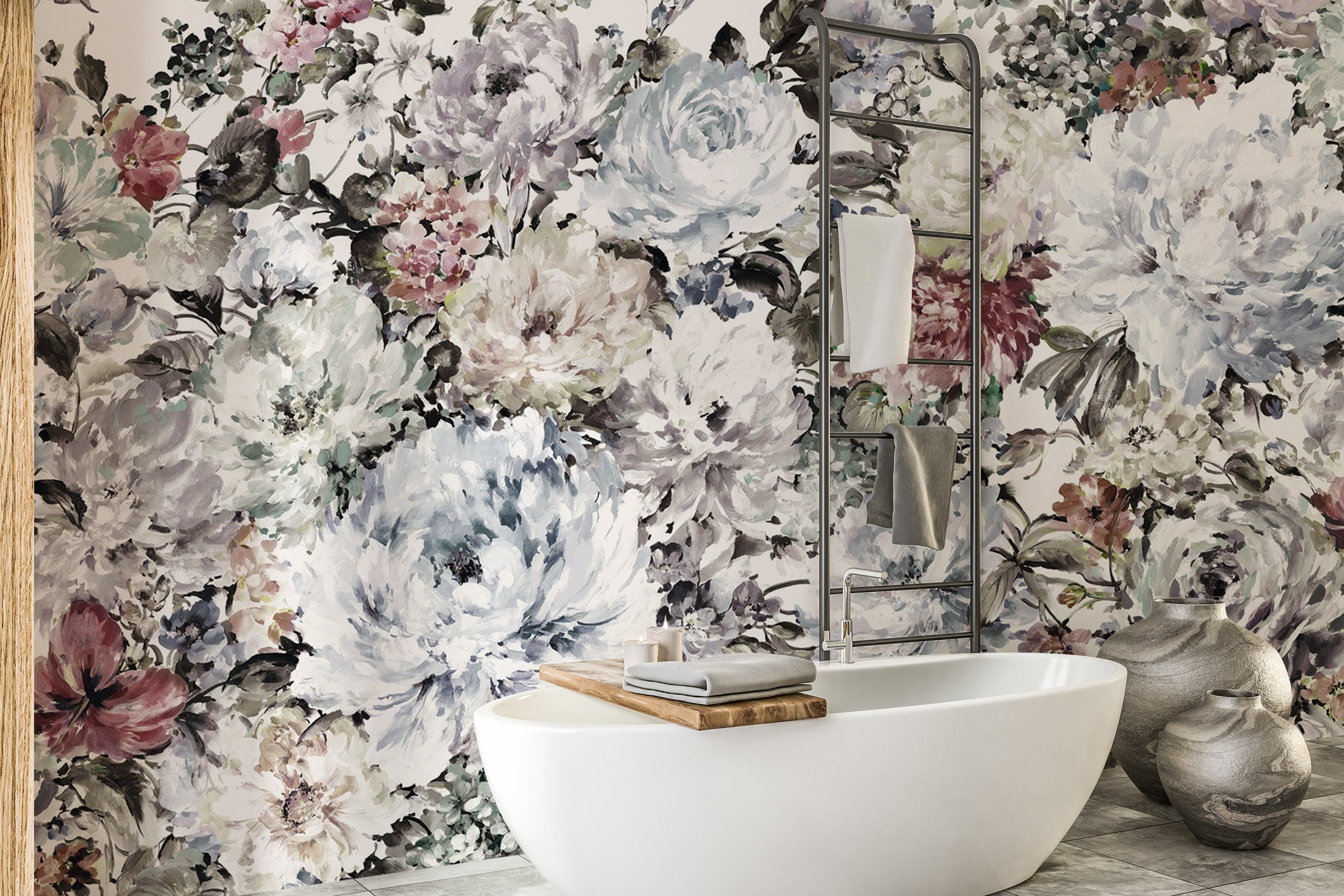 Blooming flower wall mural in gentle tones
