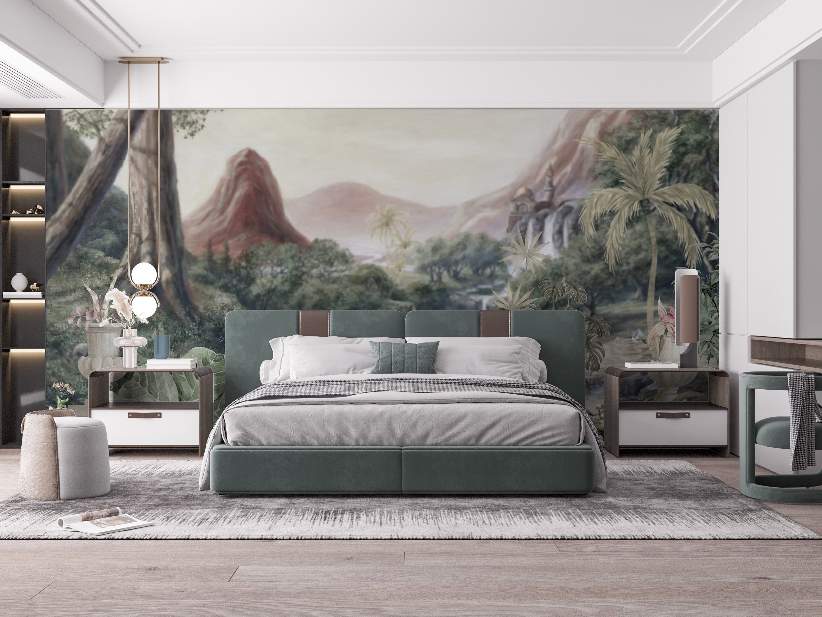 Serene lake wallpaper mural with elegant crane birds