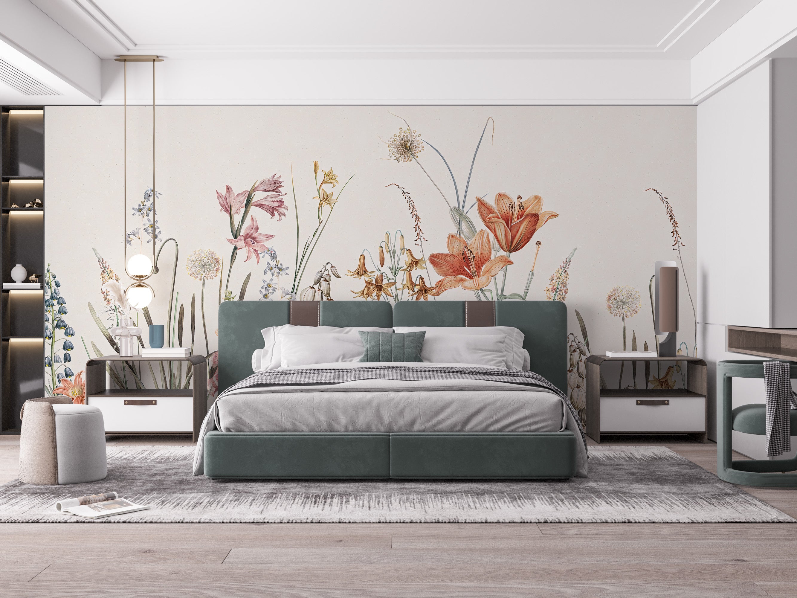 Unique hand-painted floral wall mural tones
