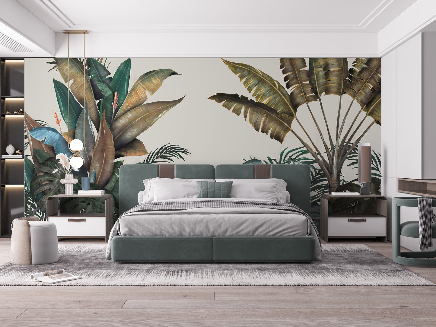 Green & Dusty Yellow Tropical Leaves Wallpaper Mural