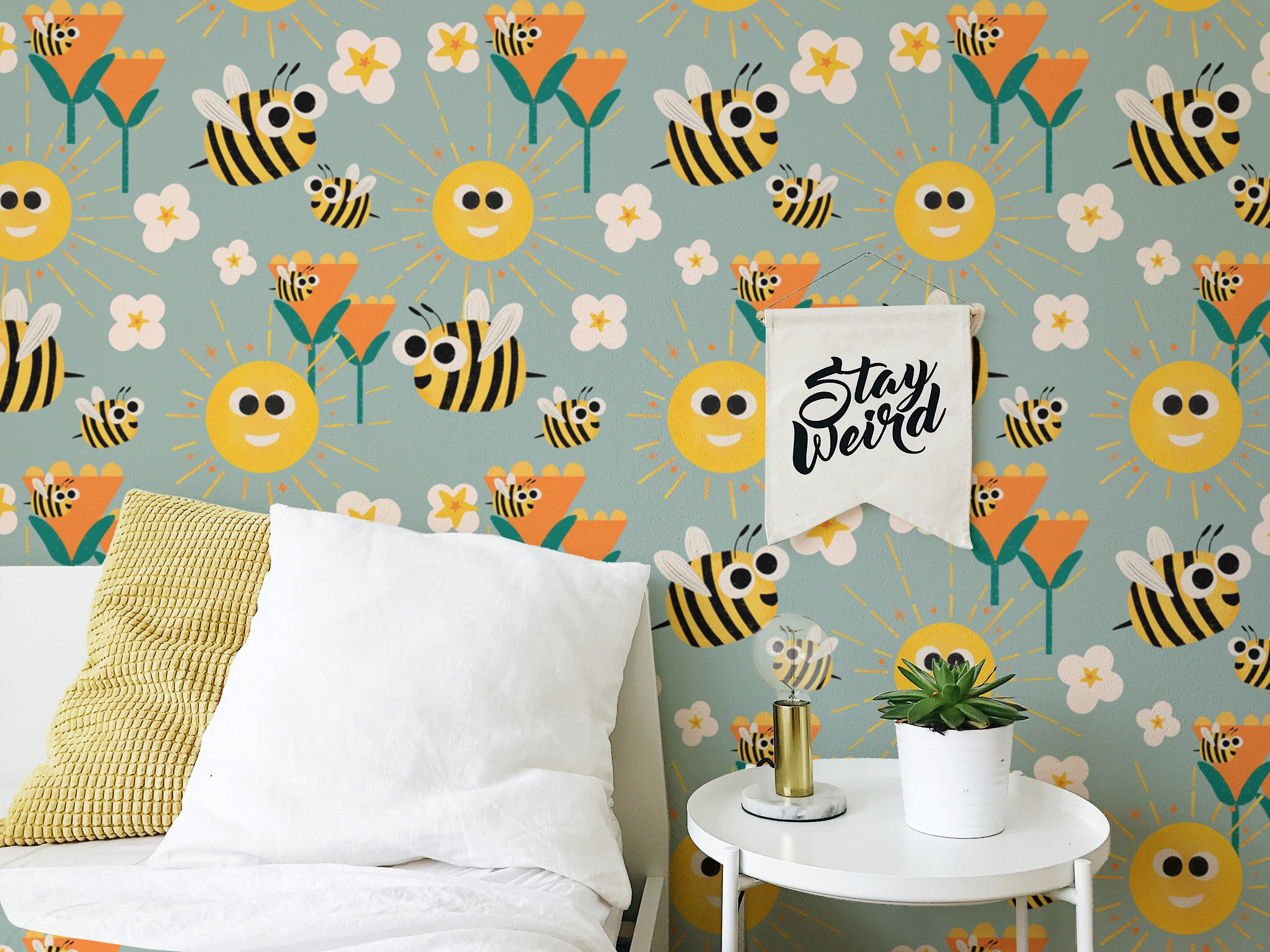 Whimsical bee wallpaper with flowers and sun
