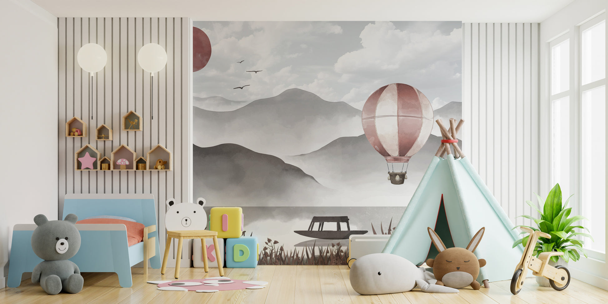 Elegant hot air balloon mural above misty mountain peaks