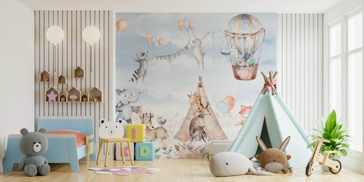 Floral valley wallpaper mural with vibrant balloons design.
