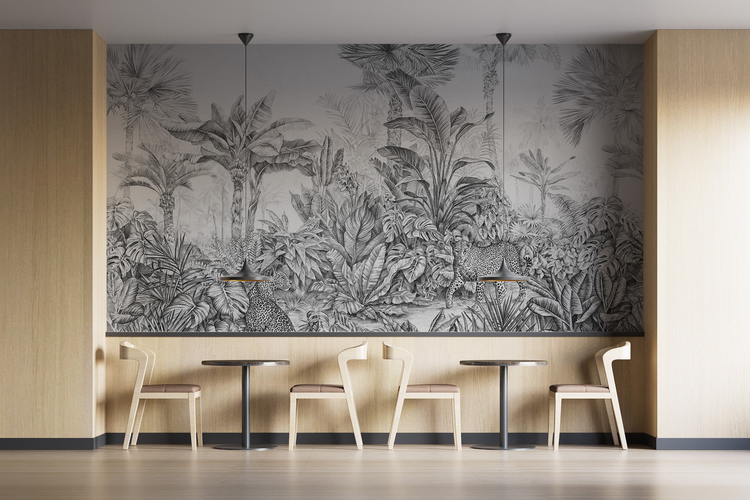 Rainforest-inspired grey wallpaper murals
