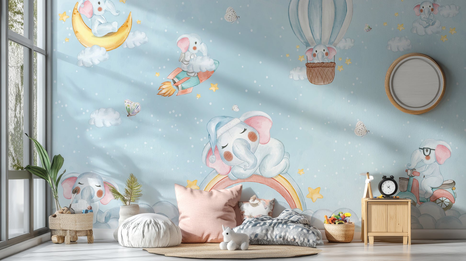 Light and airy Elephant Cloud Carnival Wall Mural decor