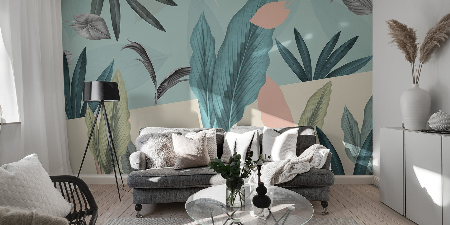 Minimalist tropical wall mural with leaves
