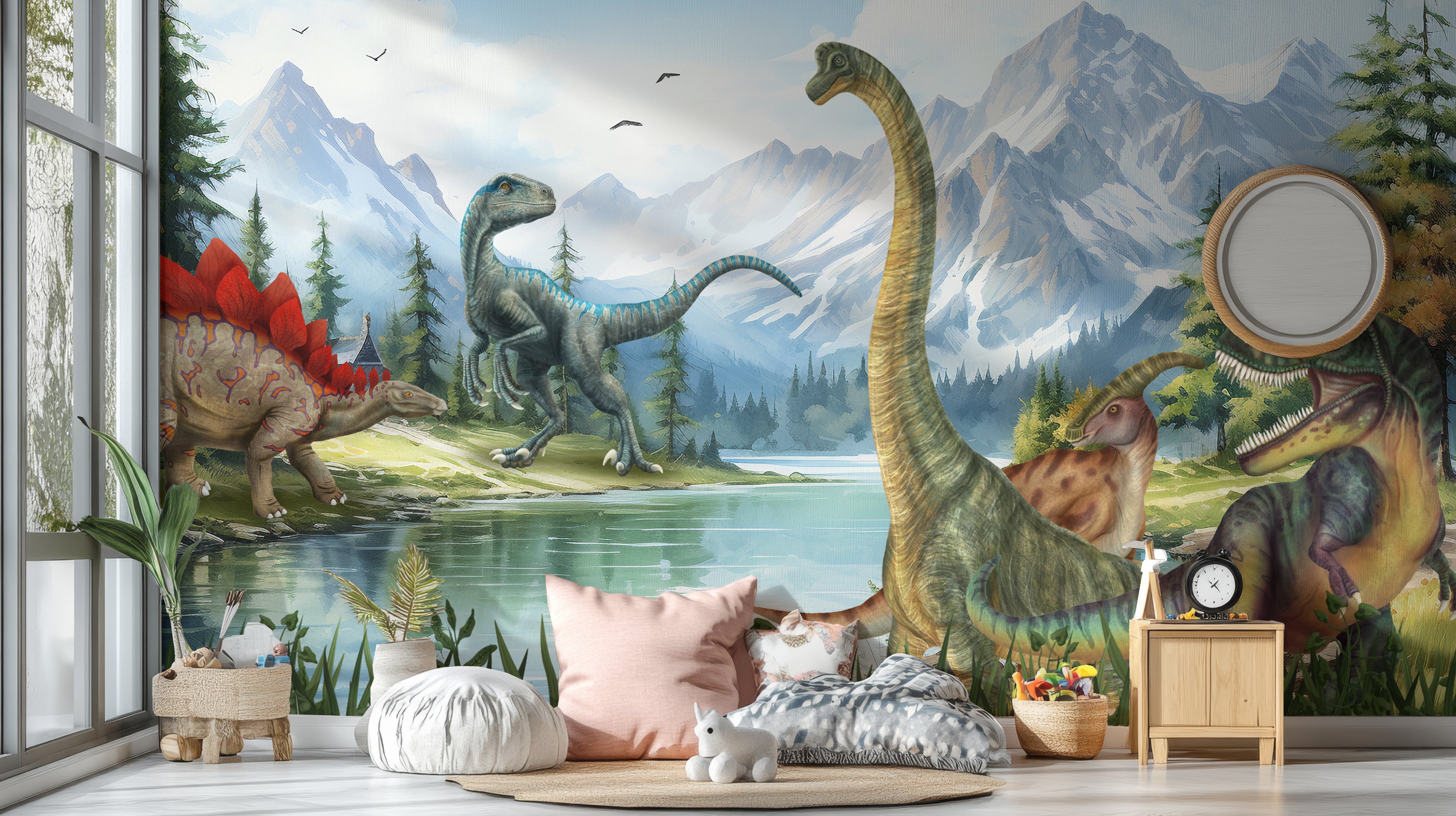 Dinosaur wallpaper mural bringing Jurassic Valley to life.
