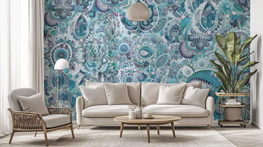 Blue abstract Haeckel wallpaper for a modern, artistic wall design.