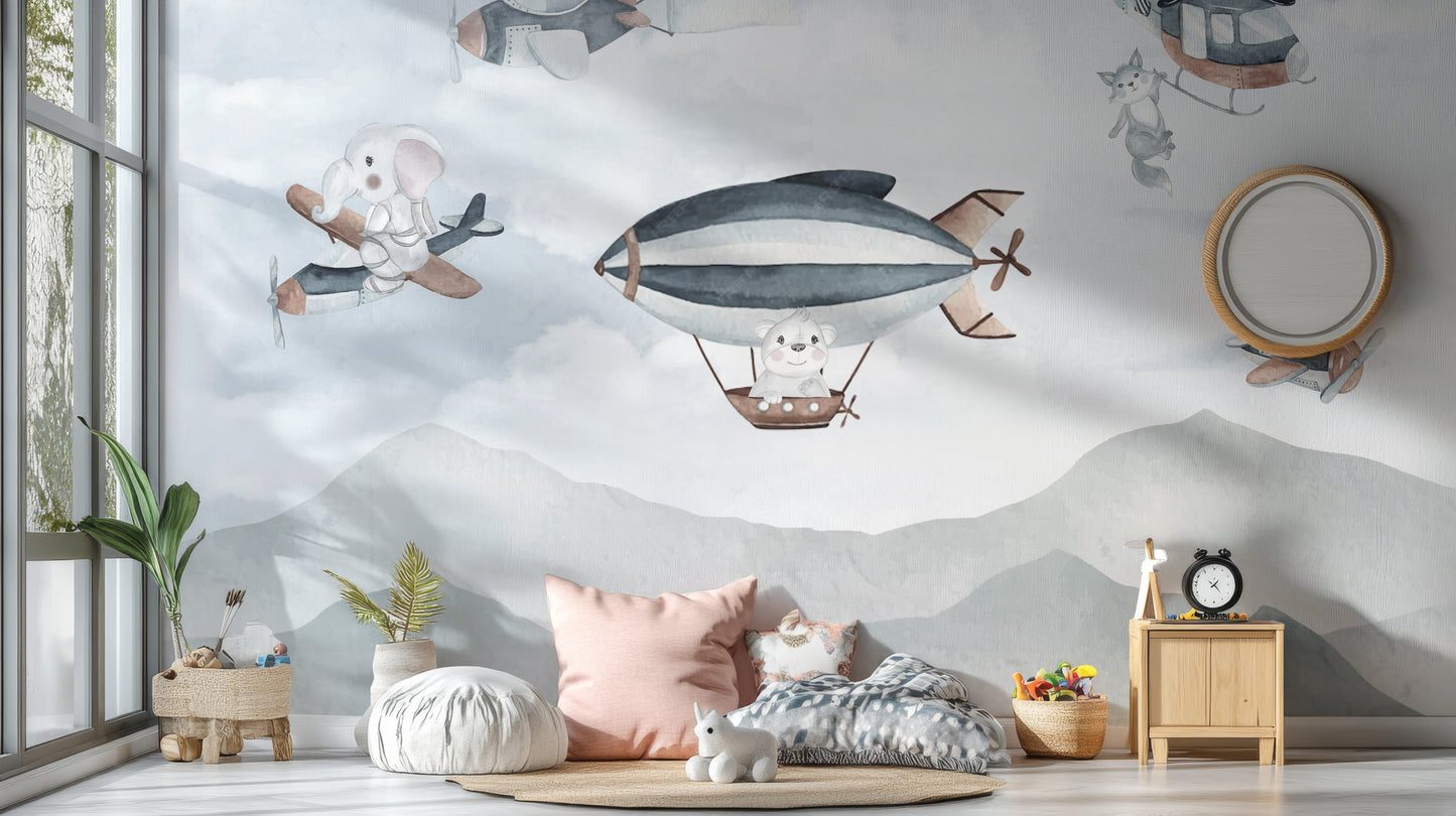 Whimsical Airborne Adventure Mural adhesive wallpaper