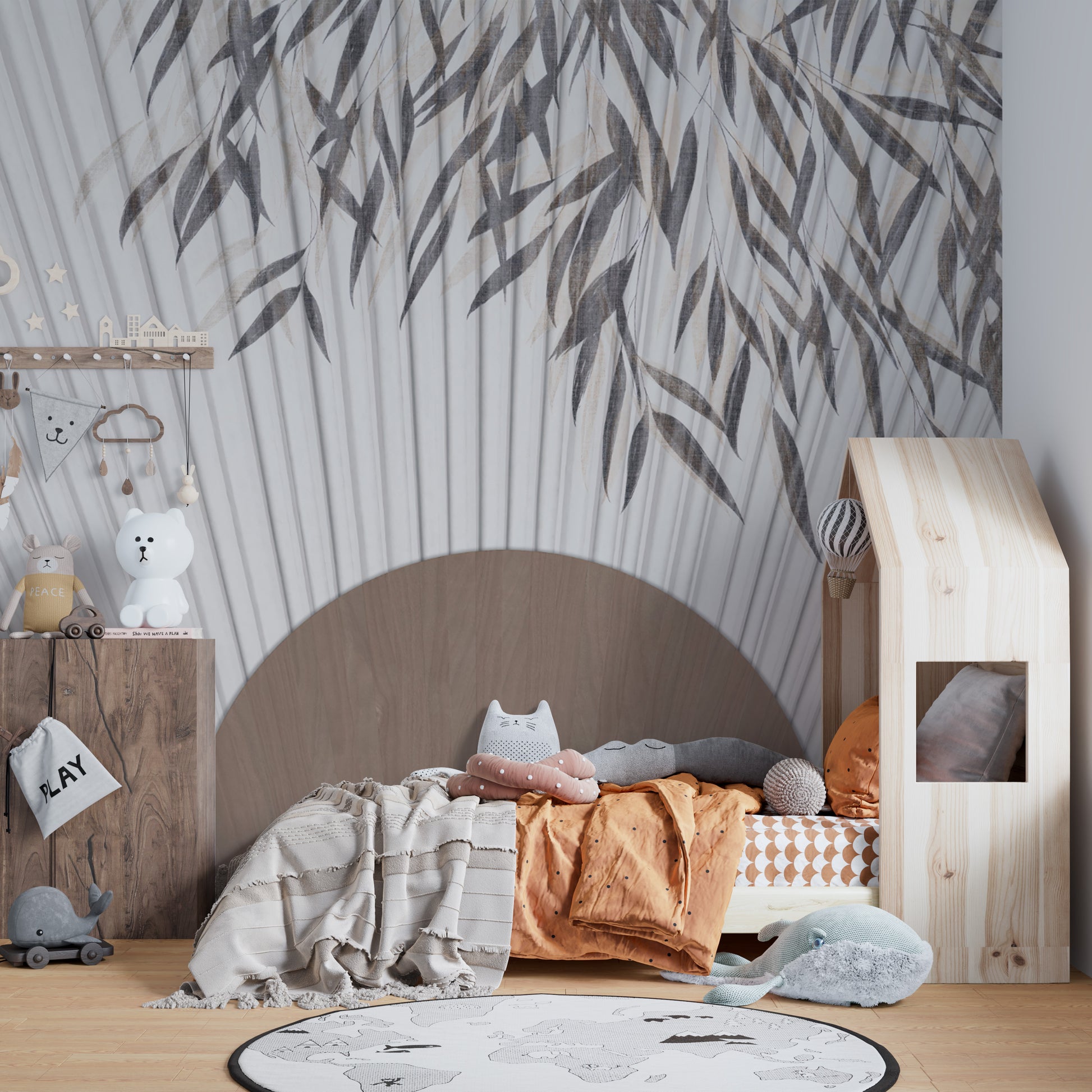 Dynamic striped mural with unique illustrated patterns.
