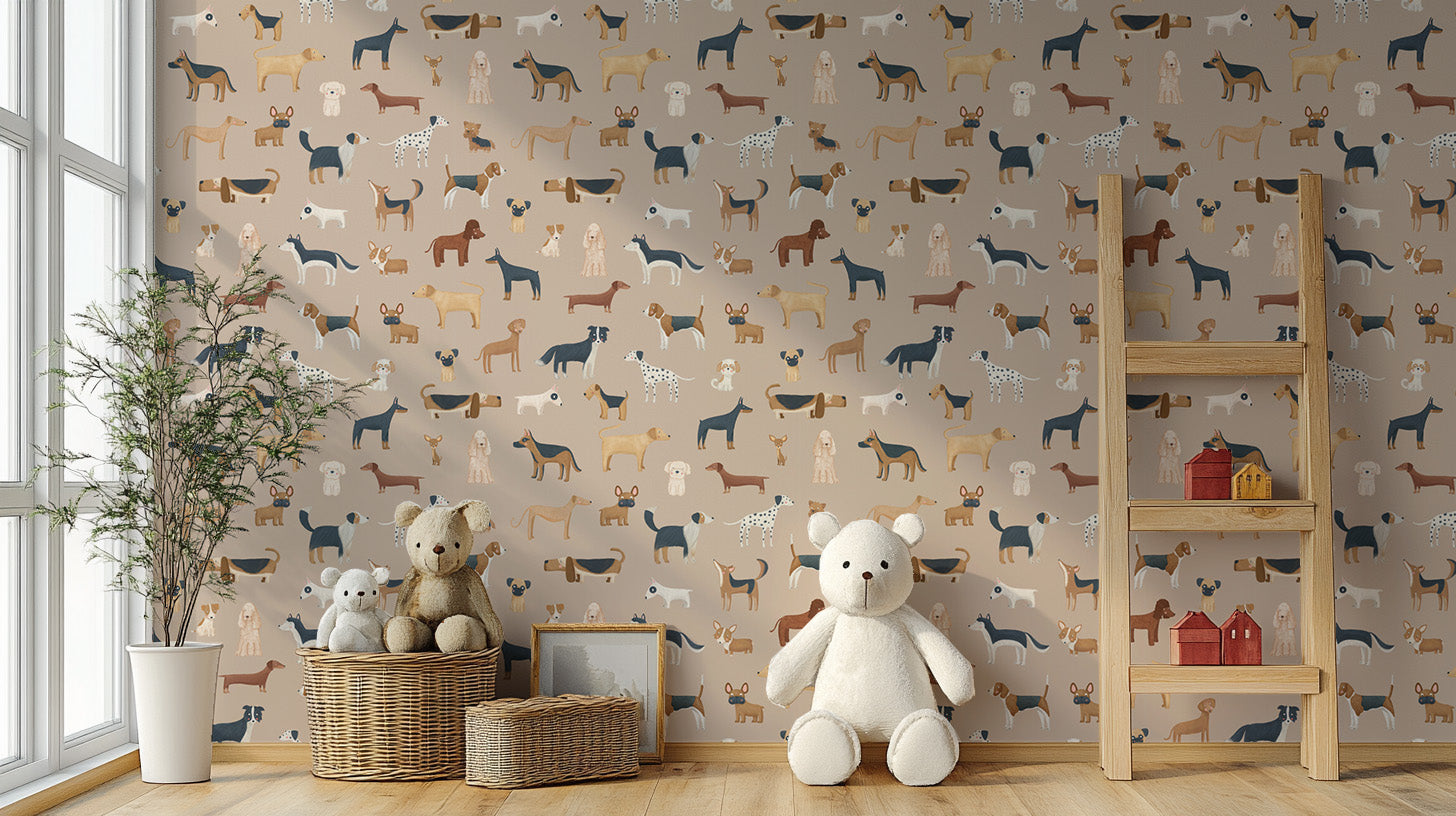 Kids' wallpaper featuring a medley of dogs
