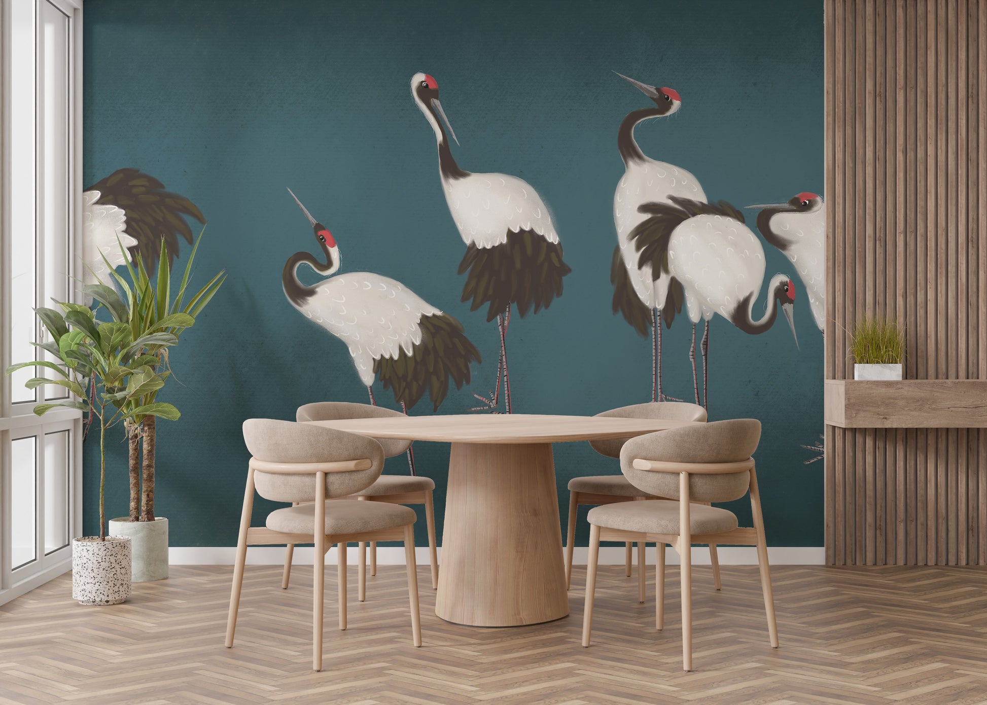 Sophisticated crane wallpaper for dining