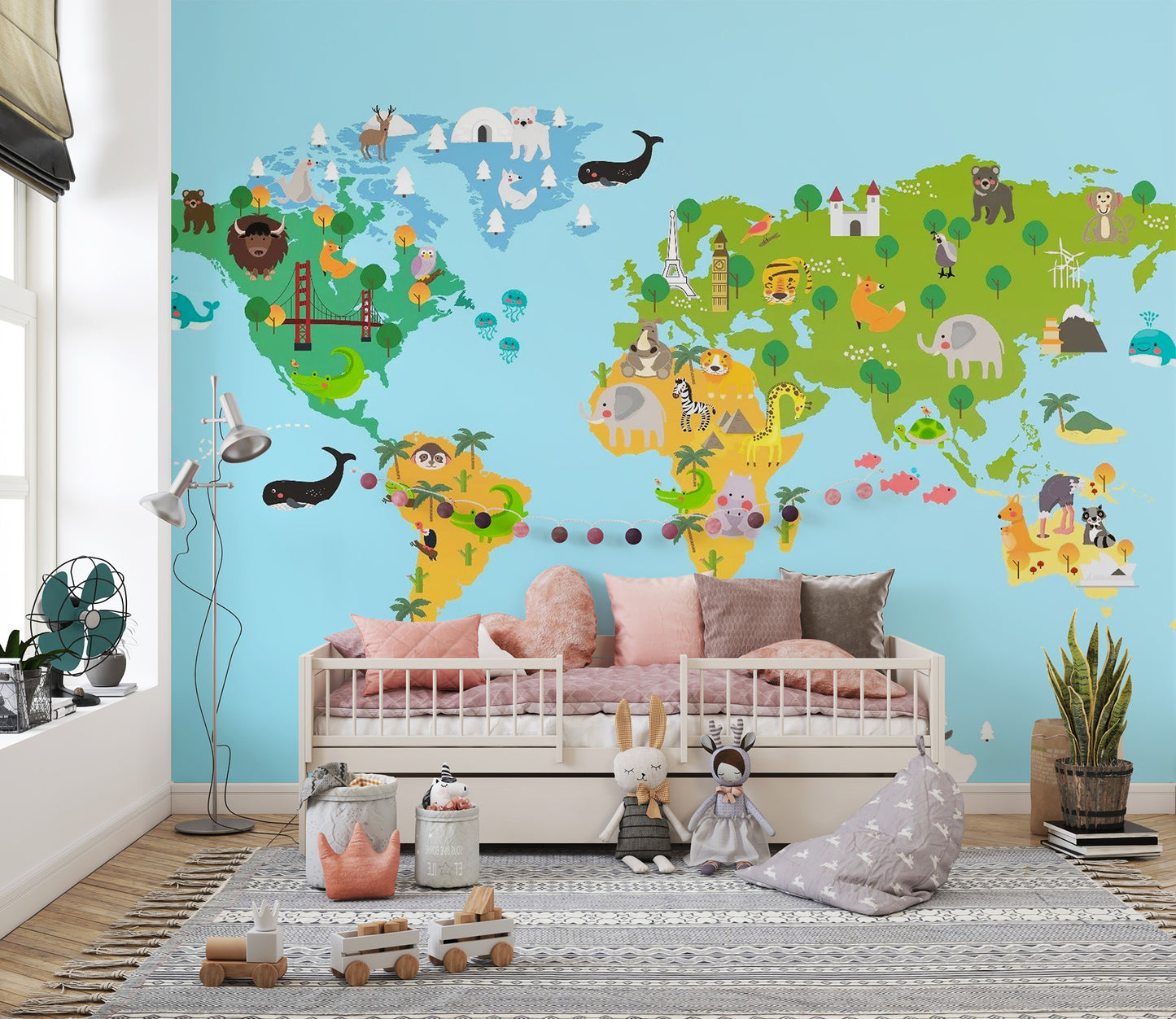 Kids World Map Animal Wallpaper Mural