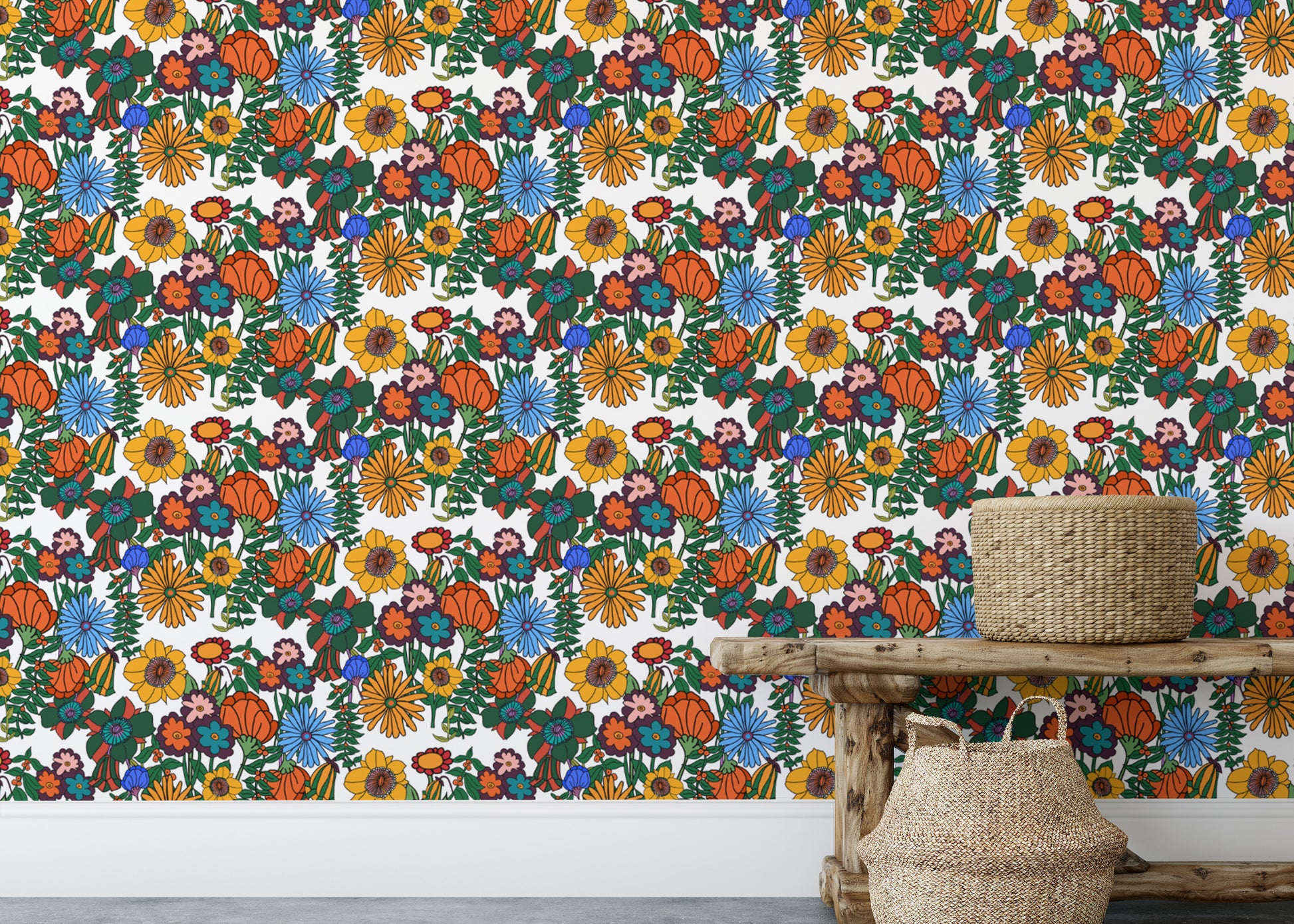 Add charm with Retro 60s Floral White Background Wallpaper