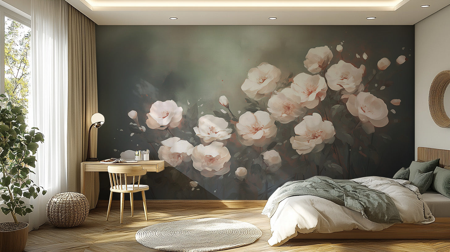 Transform your space with delicate floating white roses wallpaper murals.