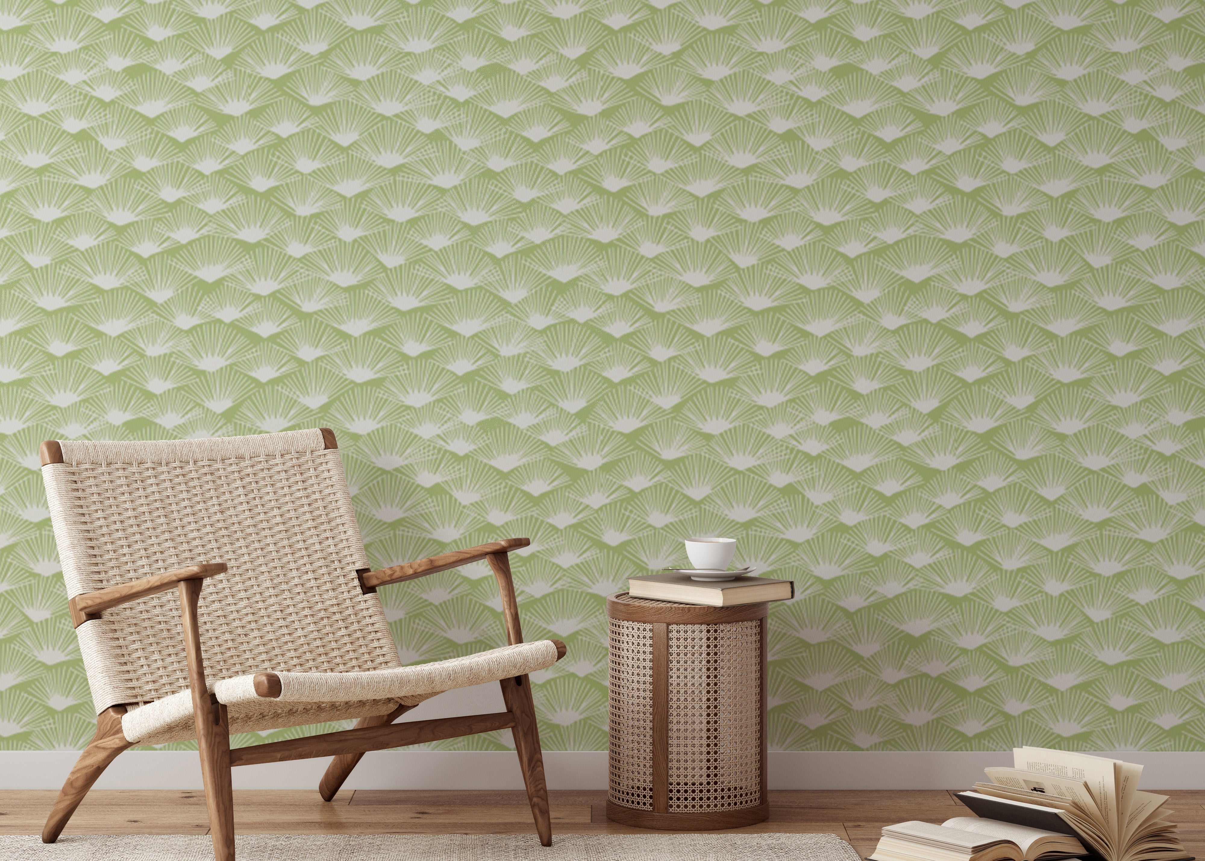 Vibrant Tropical Fanfare Sage wallpaper for natural wall decor.
