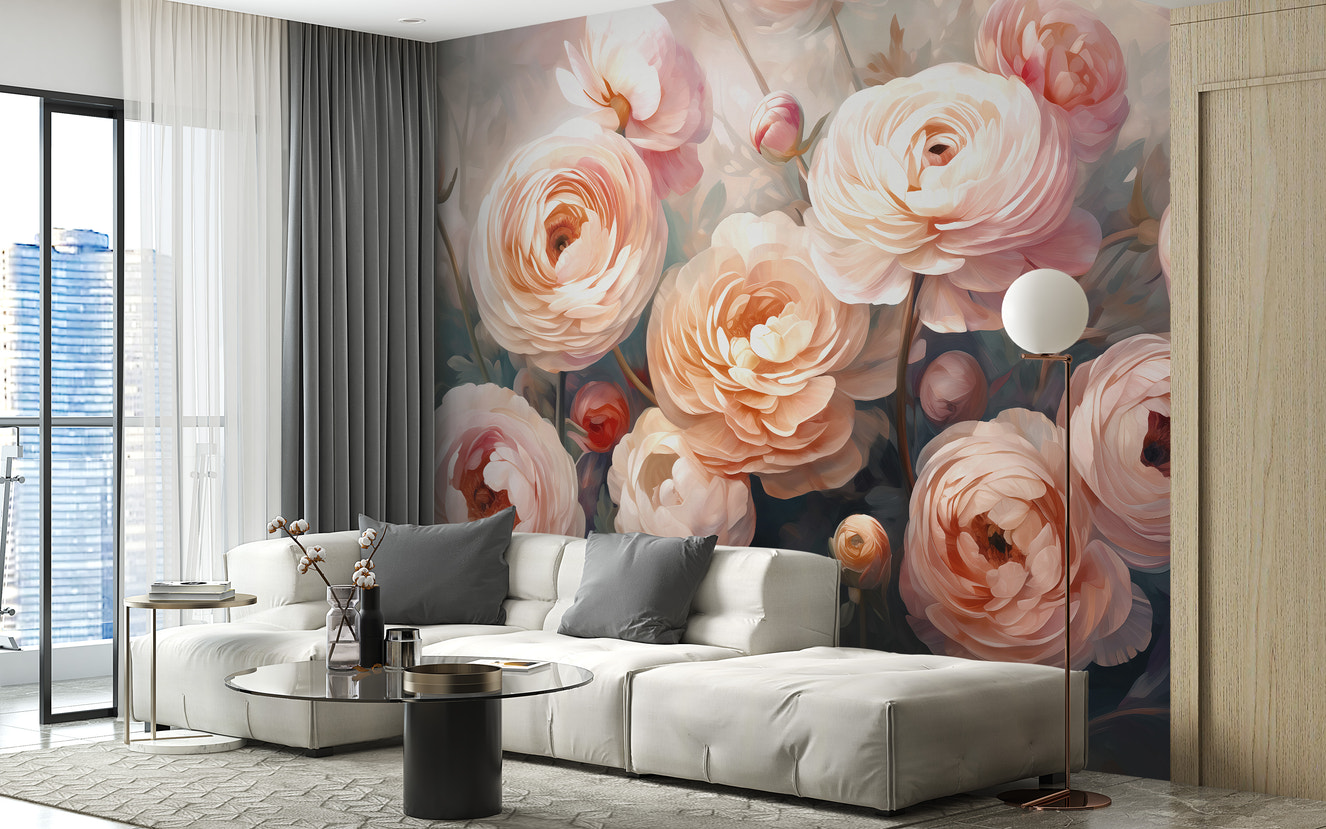 Transform your room with delicate ranunculus pink flower wallpaper mural.