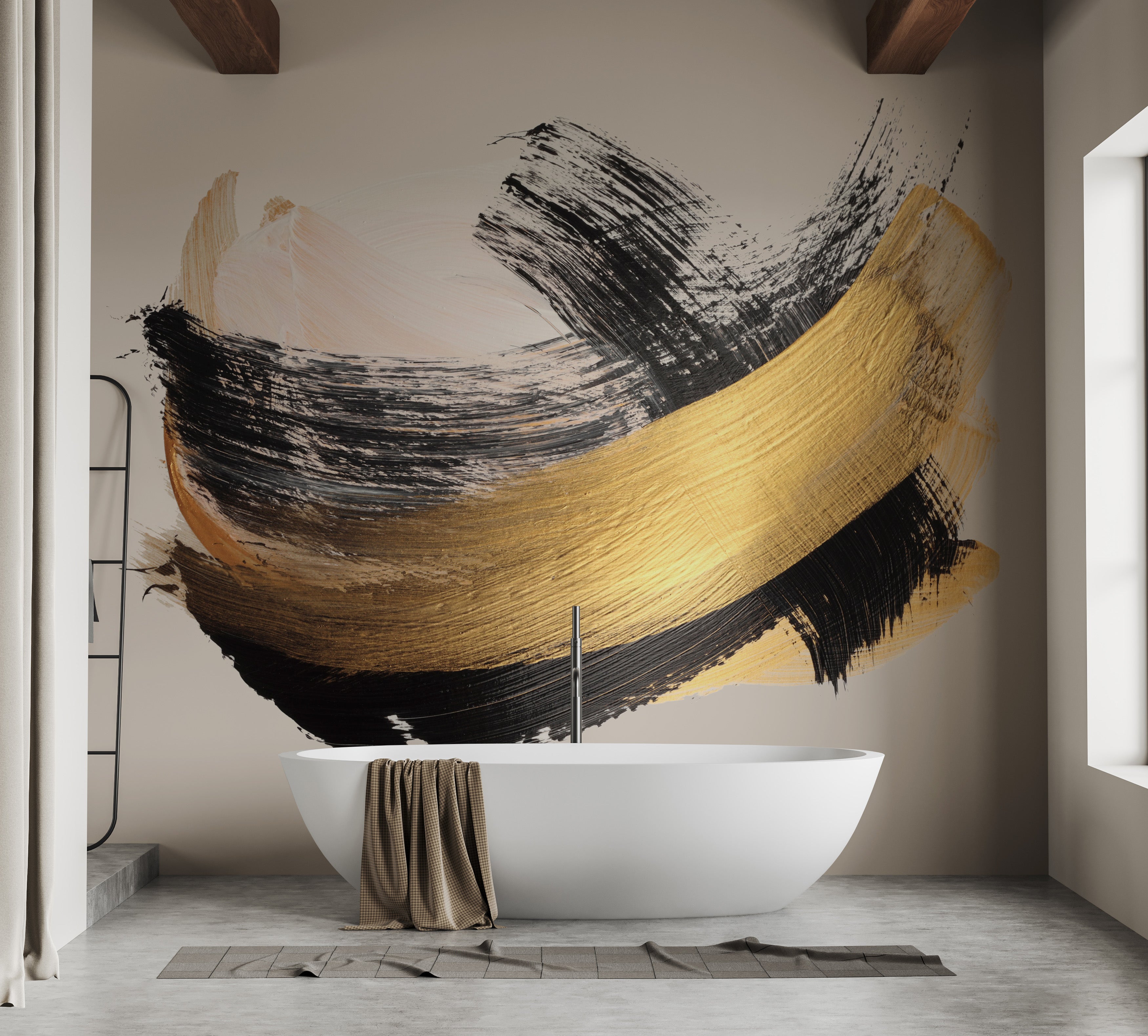 Luxurious gold and noir brushstroke wallpaper mural design.