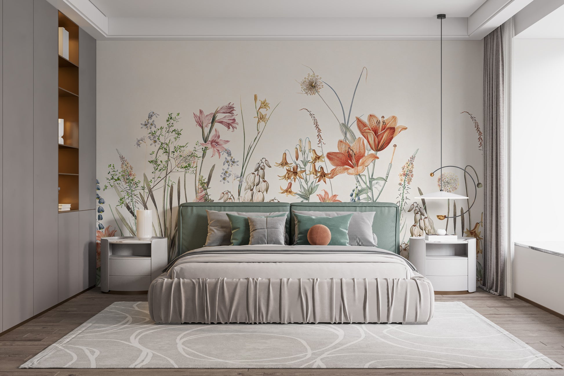 Hand-painted floral wallpaper mural design
