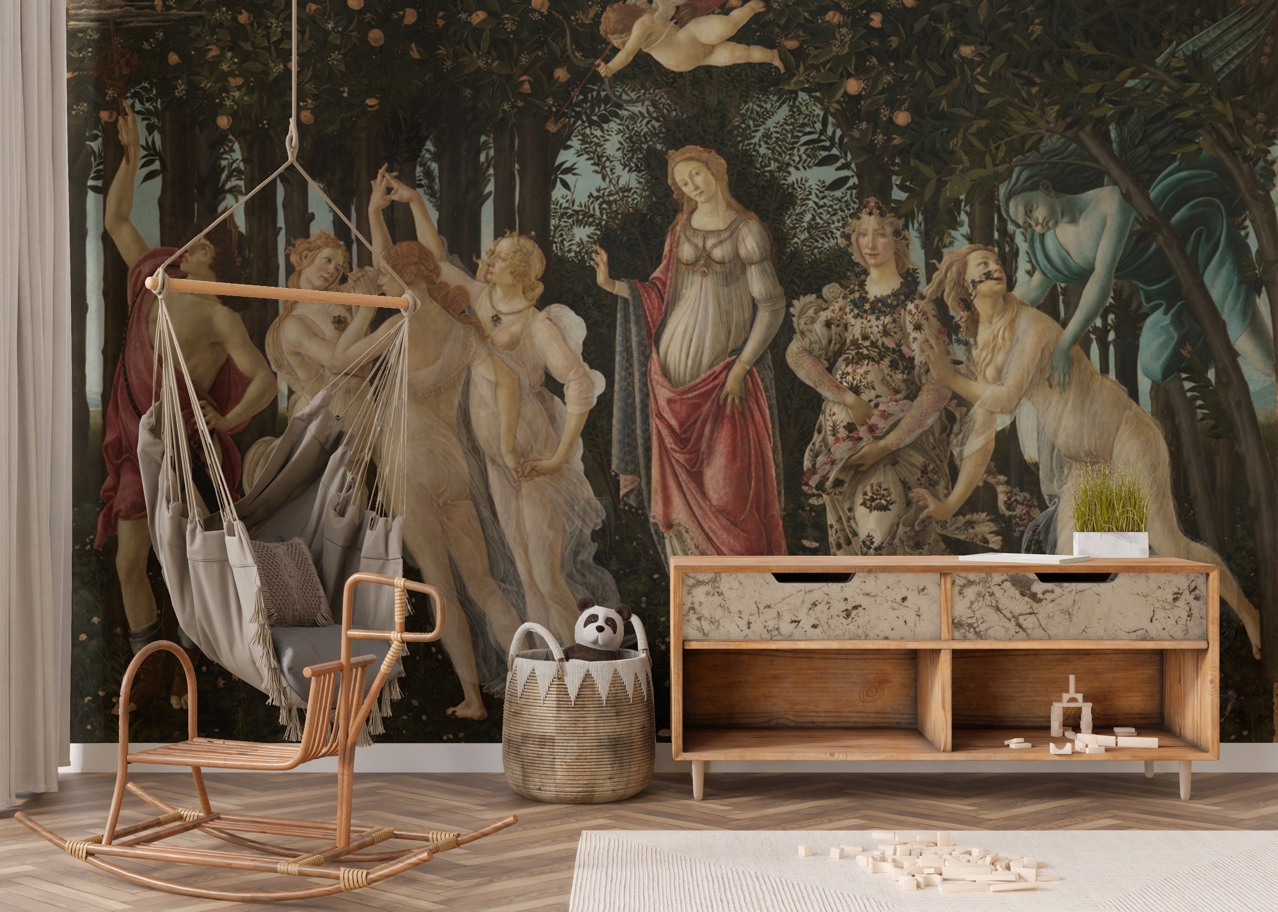 Classic Primavera mural with Botticelli's artistic brilliance.
