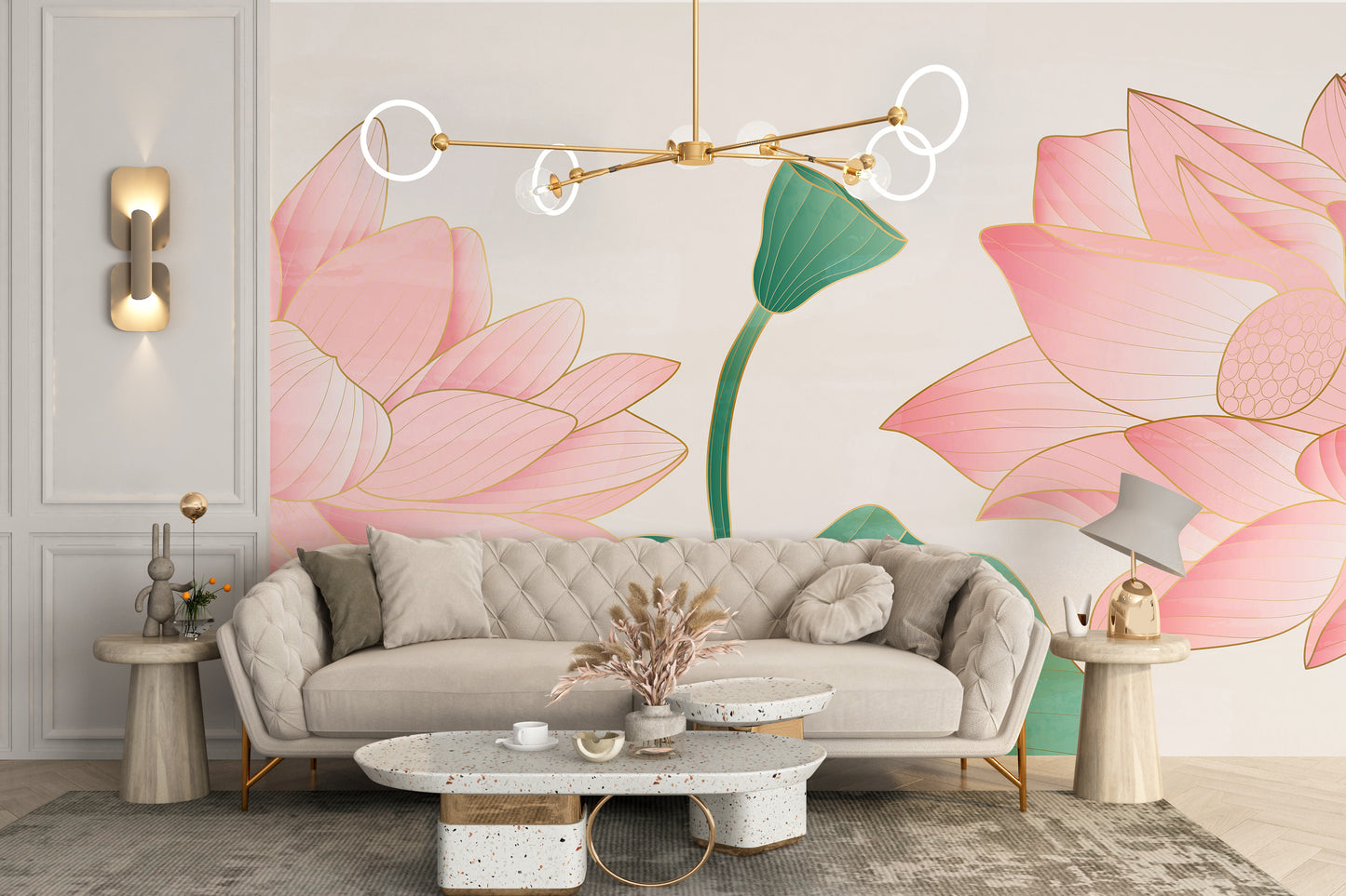 Large Golden & Pink Lotus Wallpaper Murals