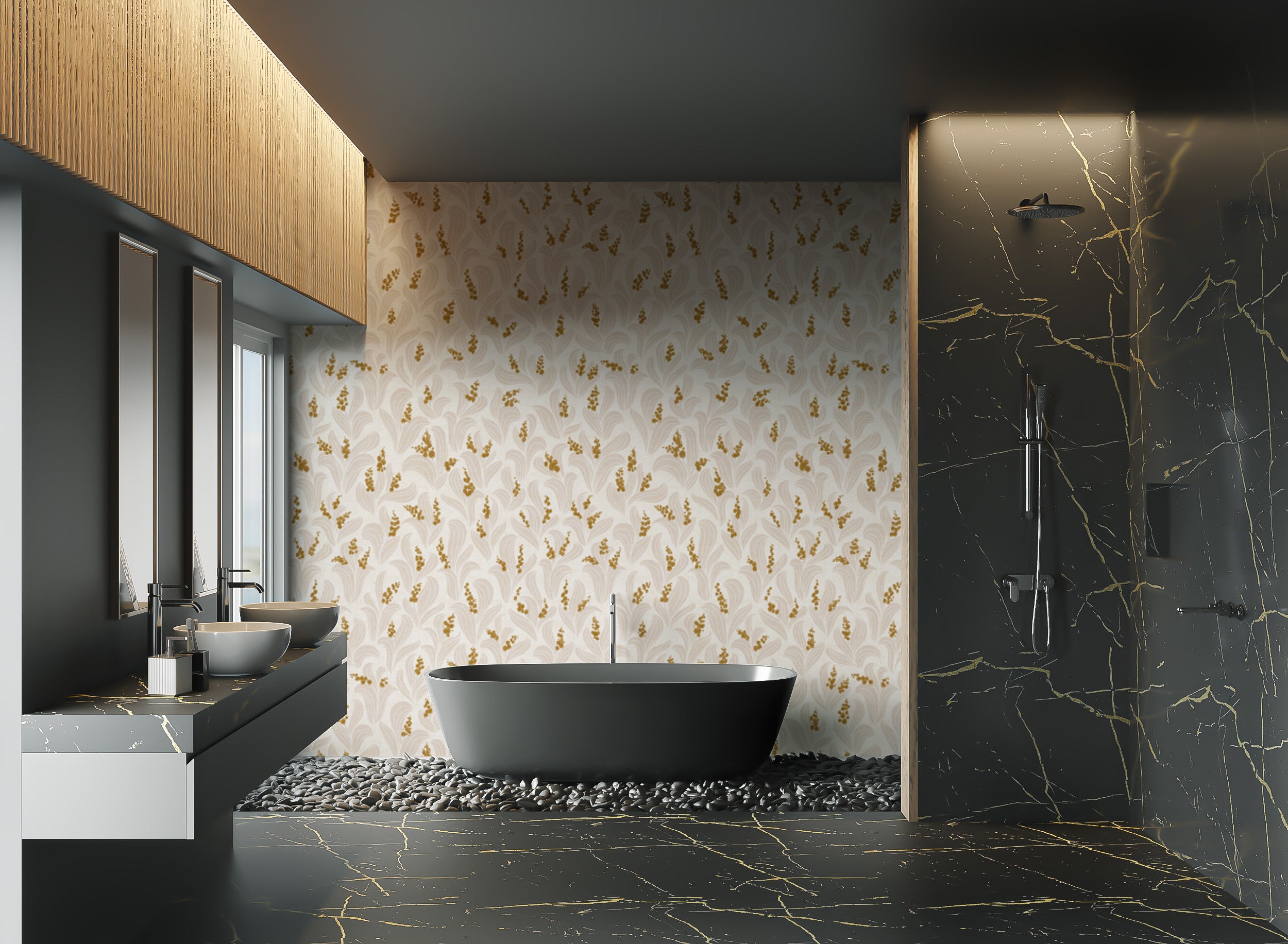 Removable wallpaper with golden lily valley design