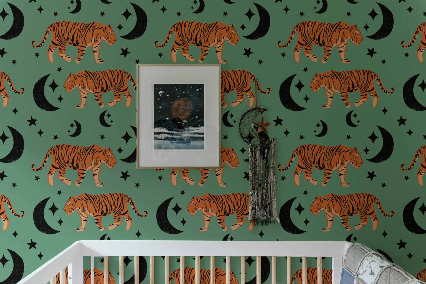 Kid-friendly Tiger Moon Green Kids Room Wallpaper