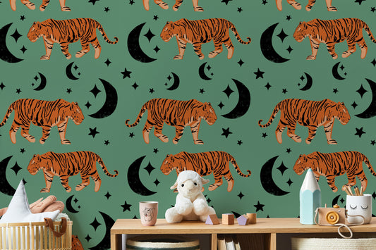 Kids Room Tiger Moon Green Wallpaper design