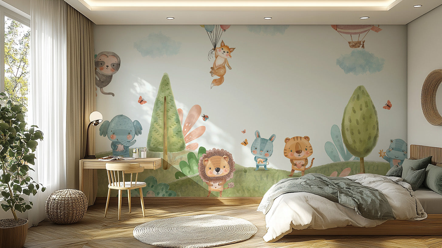 Cheerful jungle critters mural wallpaper for playful walls.
