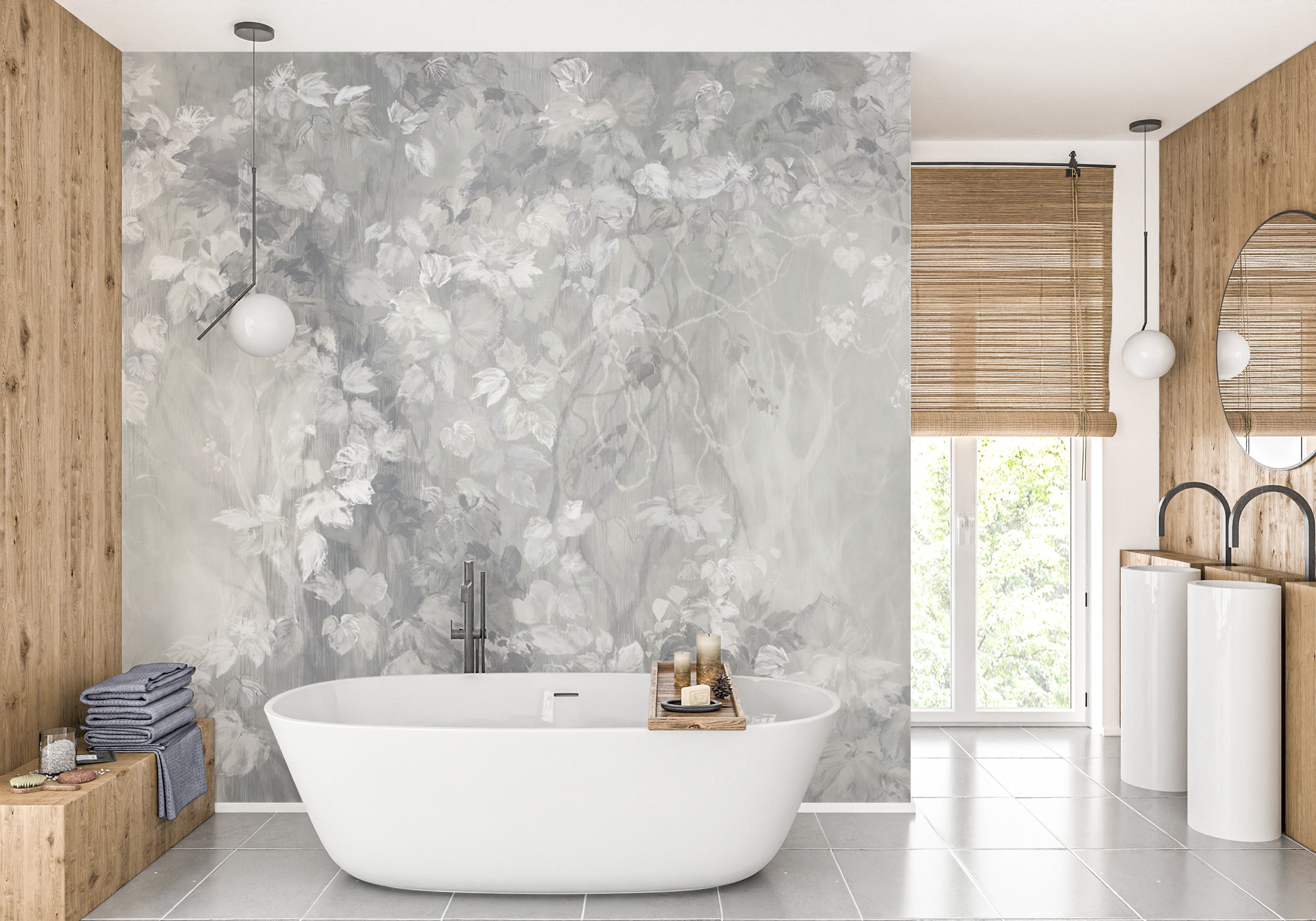 Serene slate leaf silhouette panorama mural design