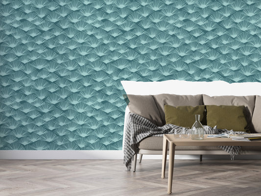 Tropical Teal Fanfare wallpaper with bold teal fan patterns.
