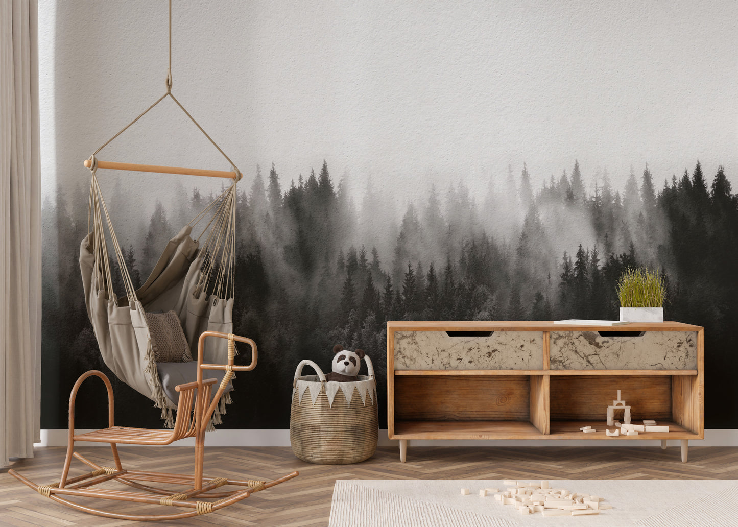 Foggy pine forest wallpaper creates a peaceful, moody vibe.
