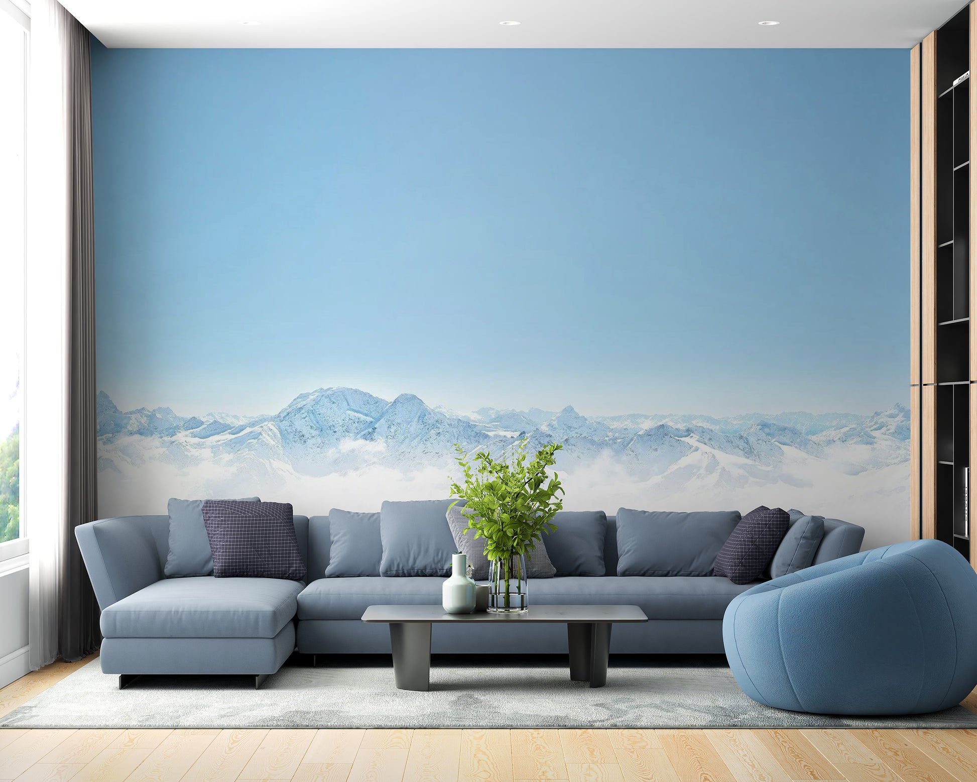 Serene winter mountain wallpaper mural with snowy peaks.