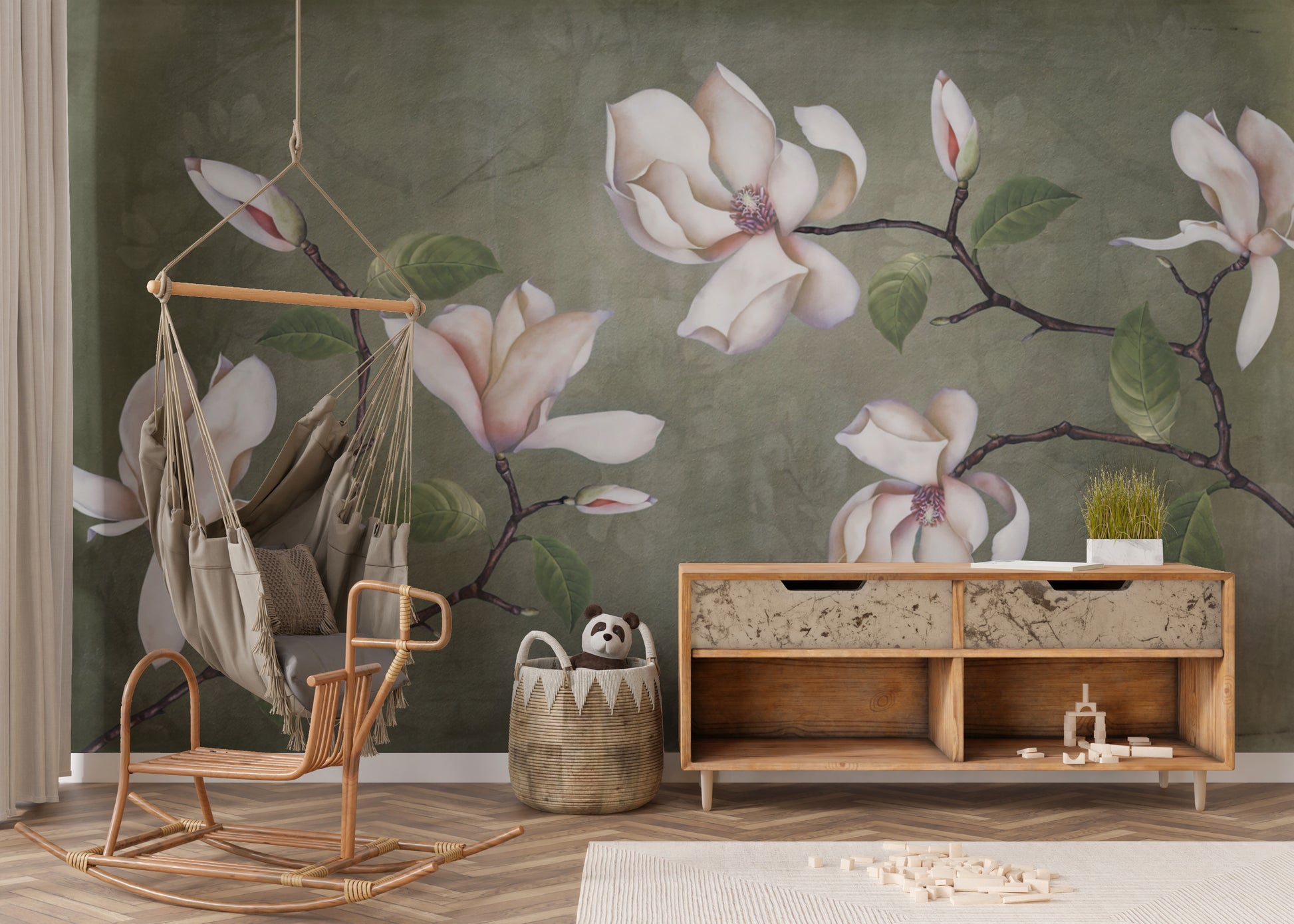 Subtle vintage blossom wallpaper adds warmth to any space.
