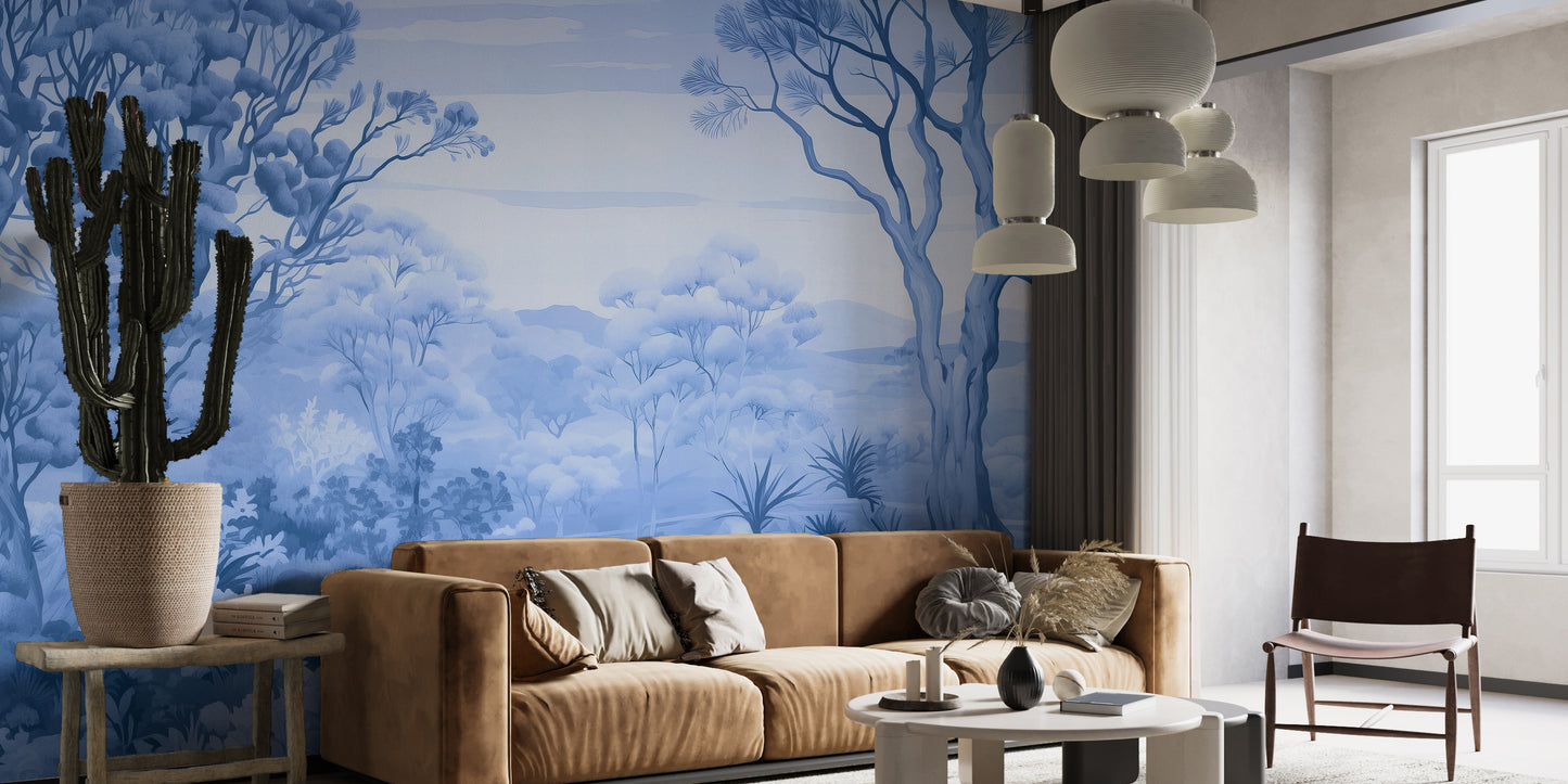 Elegant autumn forest blue color wallpaper mural for a calming atmosphere.