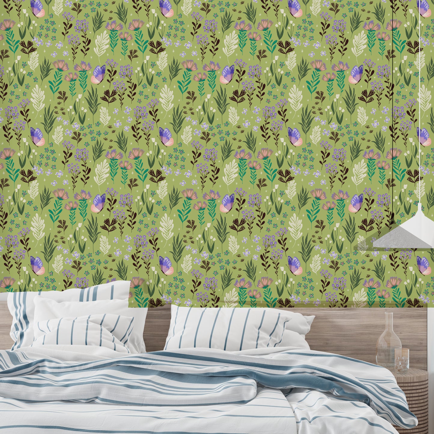 Vibrant butterfly and meadow wallpaper for serene interiors.
