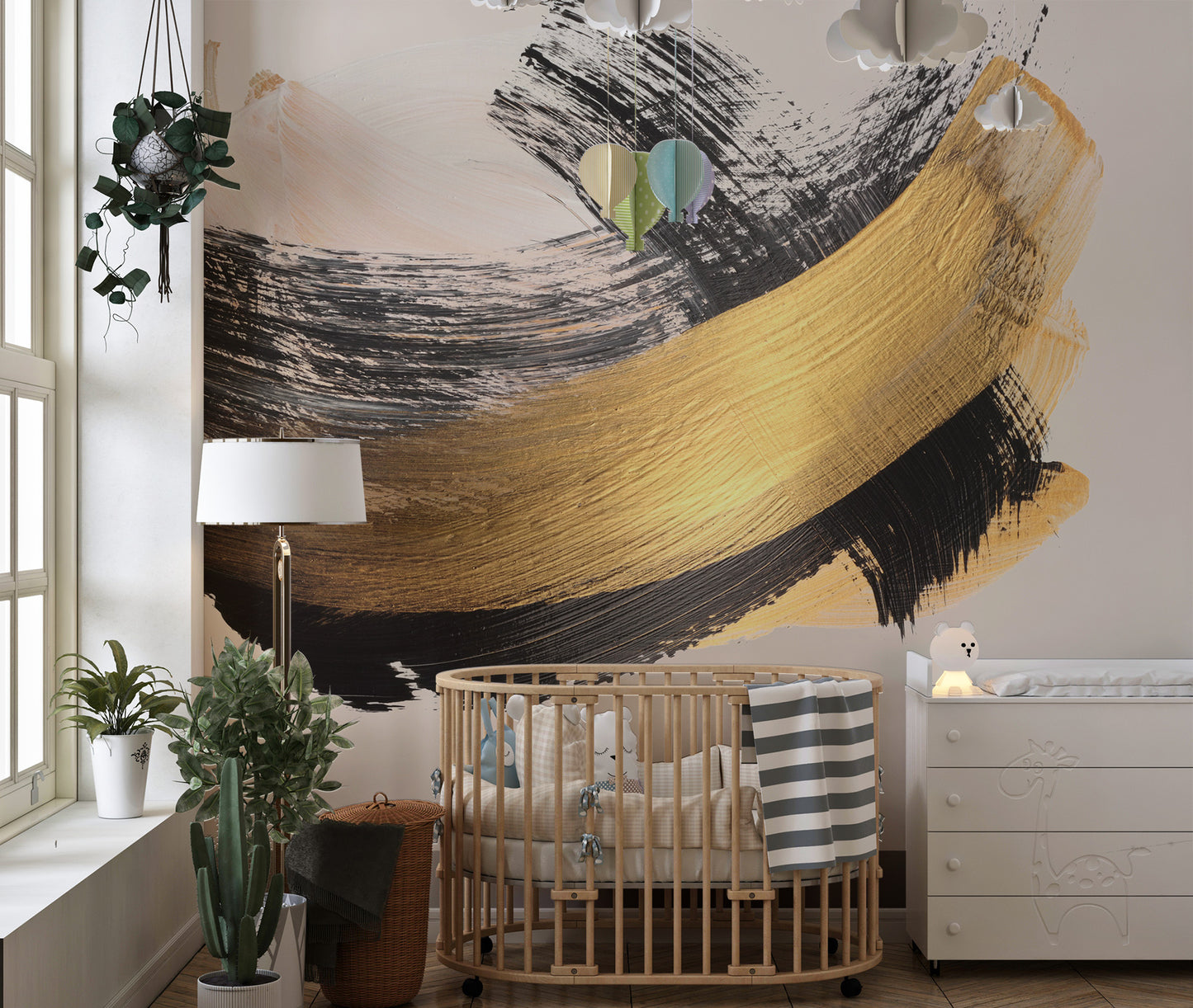 Elegant gold brushstroke mural wallpaper with noir accents.