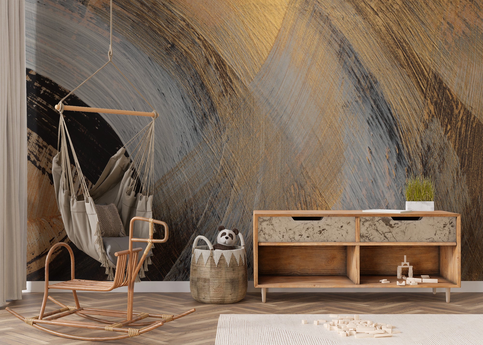 Stunning golden abstract mural wallpaper for chic spaces.