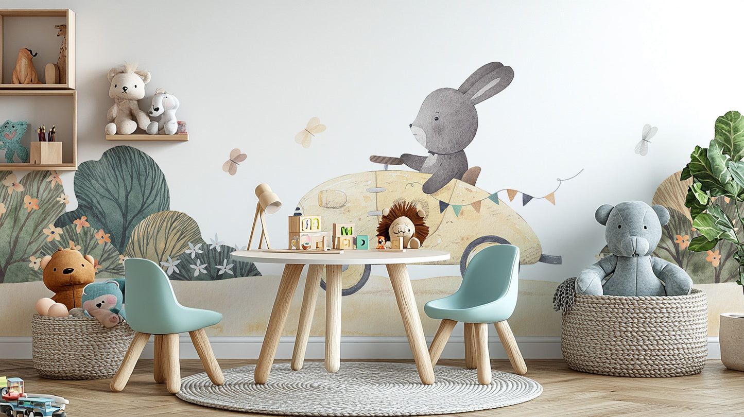 Playful Bunny Car Ride Kids Wall Mural