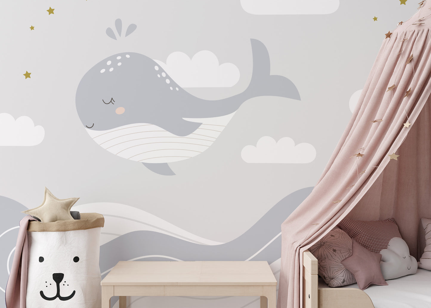 Charming whale wallpaper for kids' decor