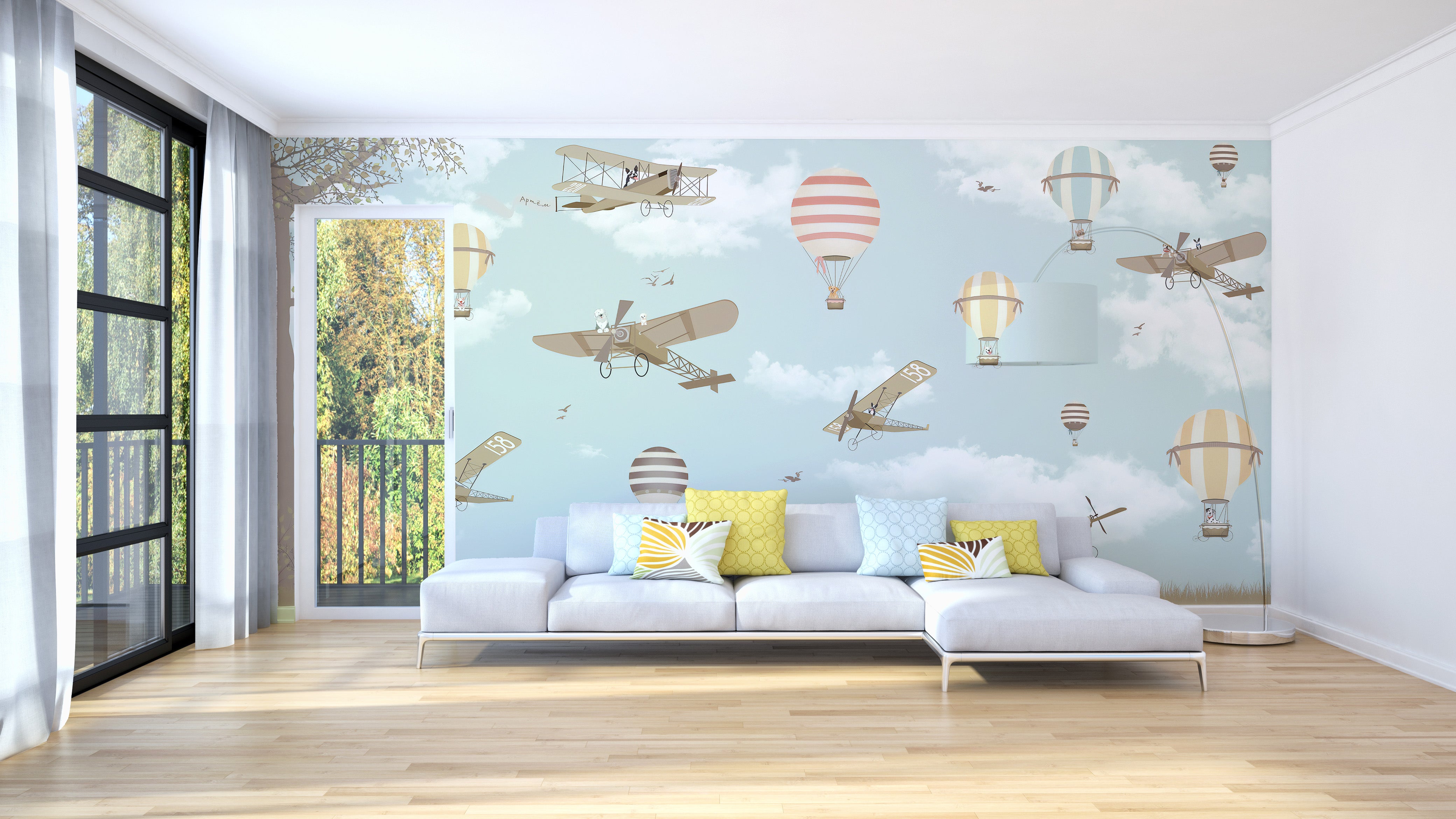 Hot air balloons and planes wallpaper mural
