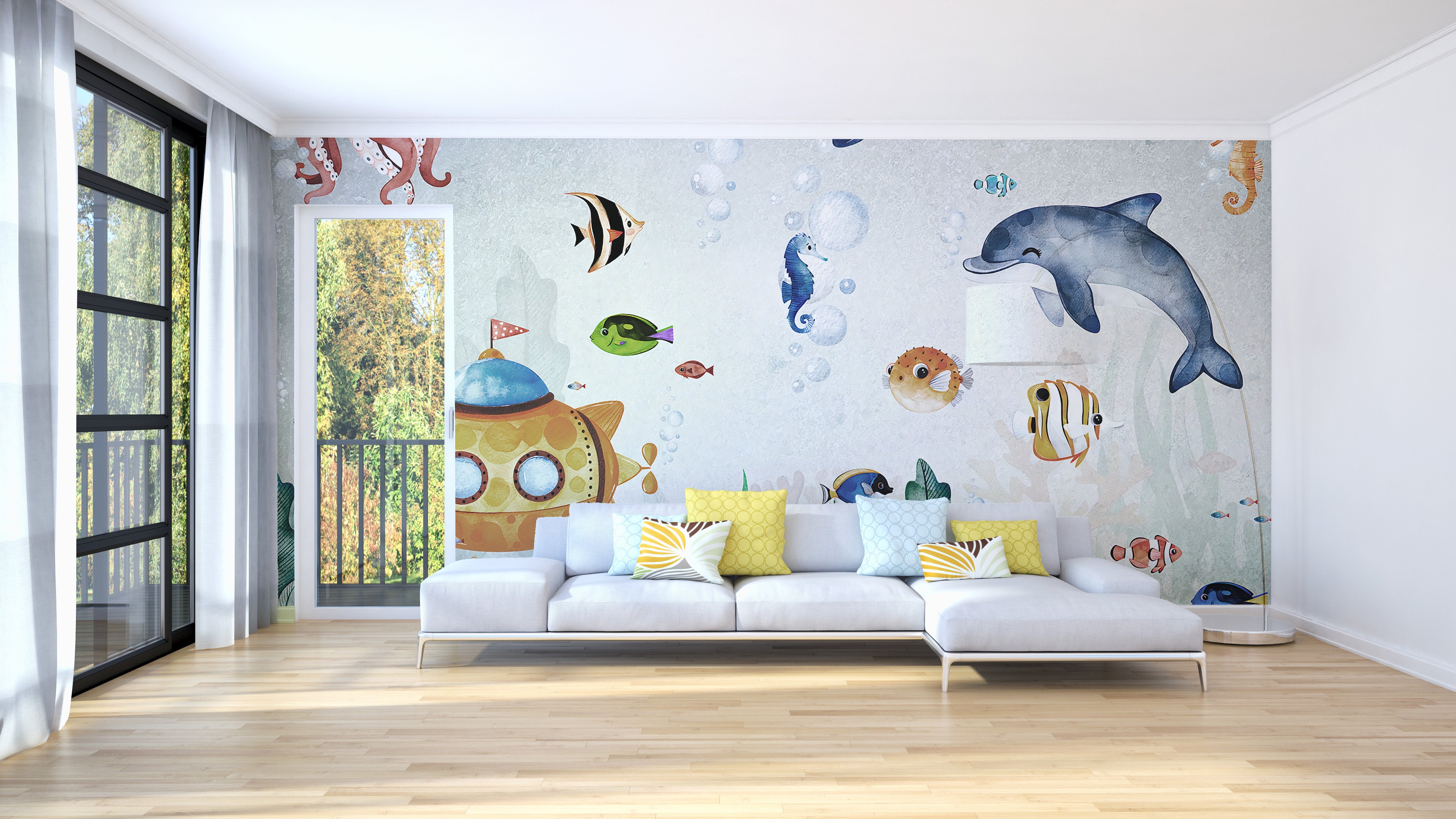 Subtle underwater whale wallpaper mural art
