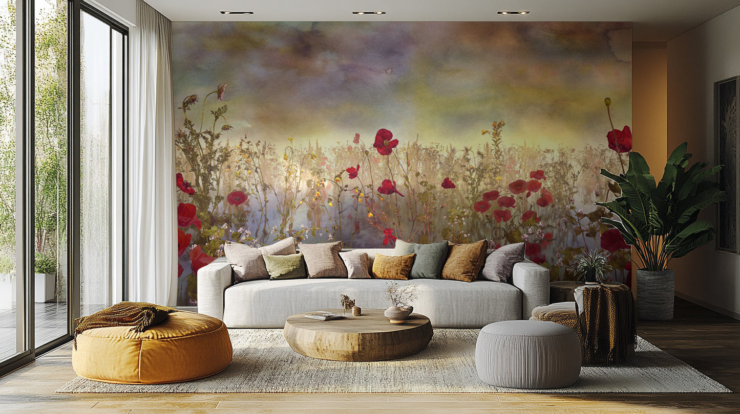 Bold poppy red flower wallpaper for a striking wall statement.