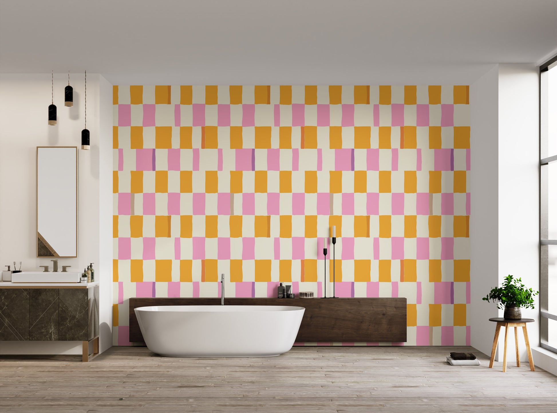 Reusable wallpaper with vibrant checkered patterns