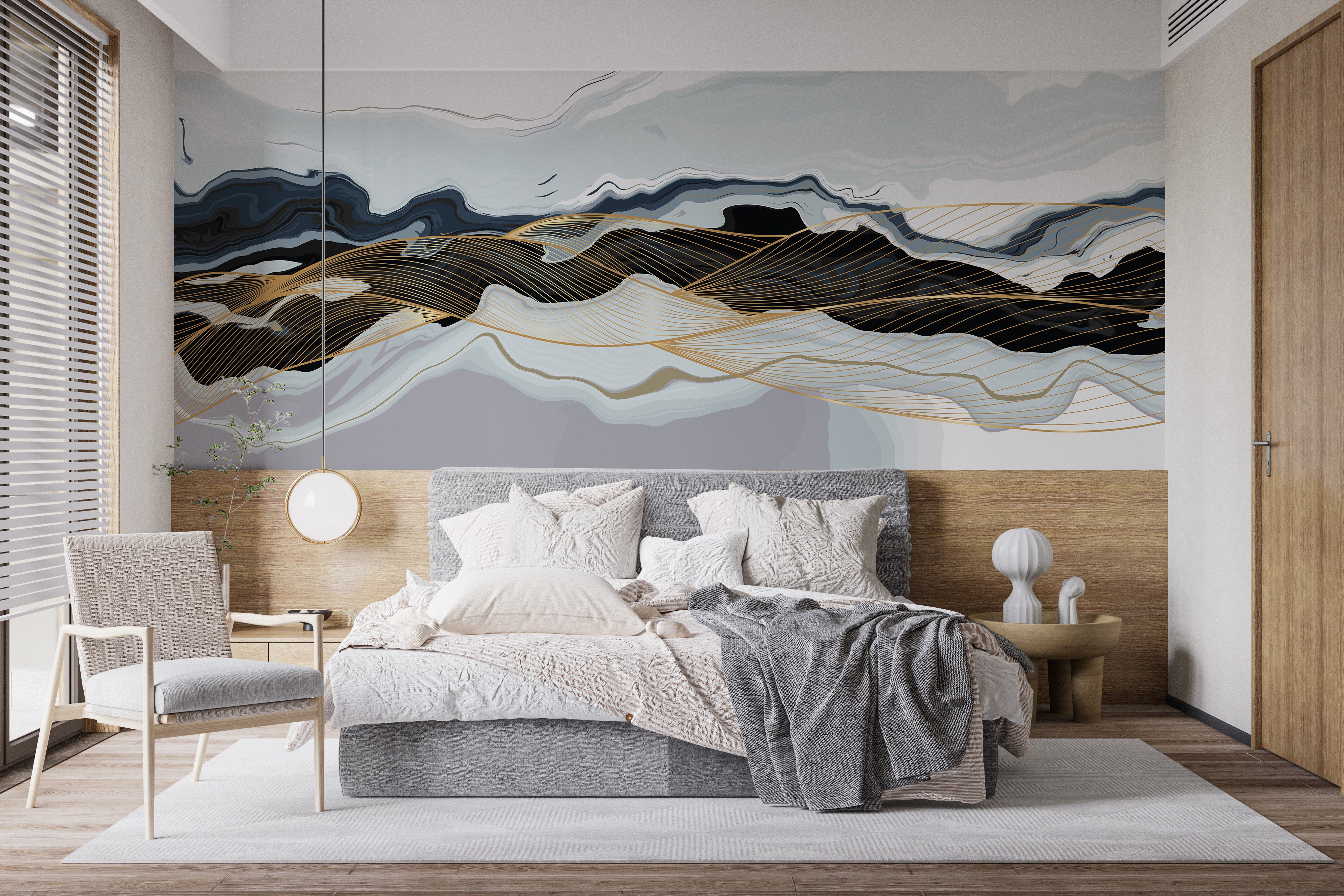 Stunning wavy blue and gold mural design