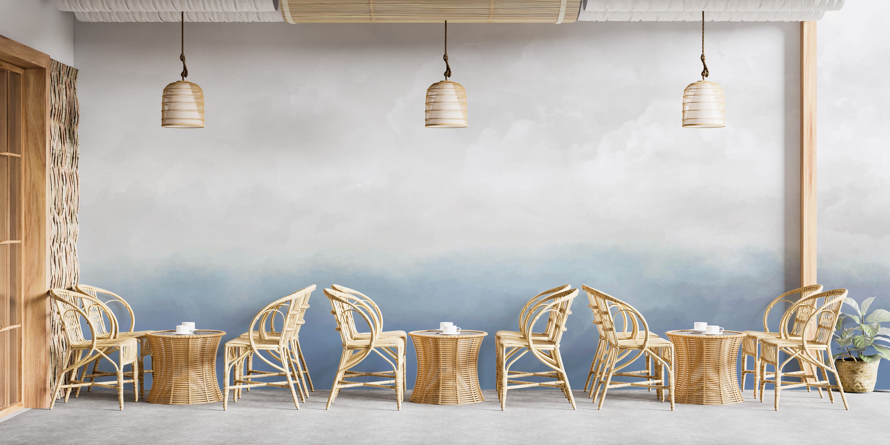 Blue White Sky Mural in trendy cafe decor