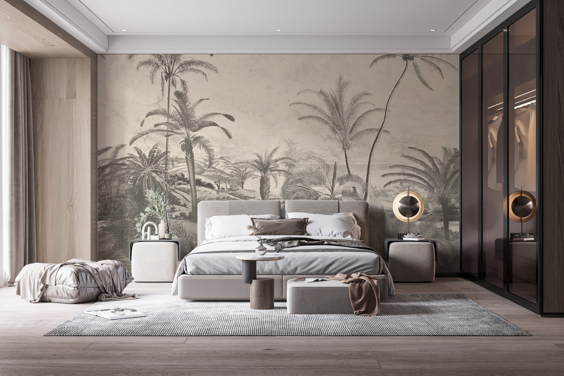 Whimsical jungle tree wallpaper mural design
