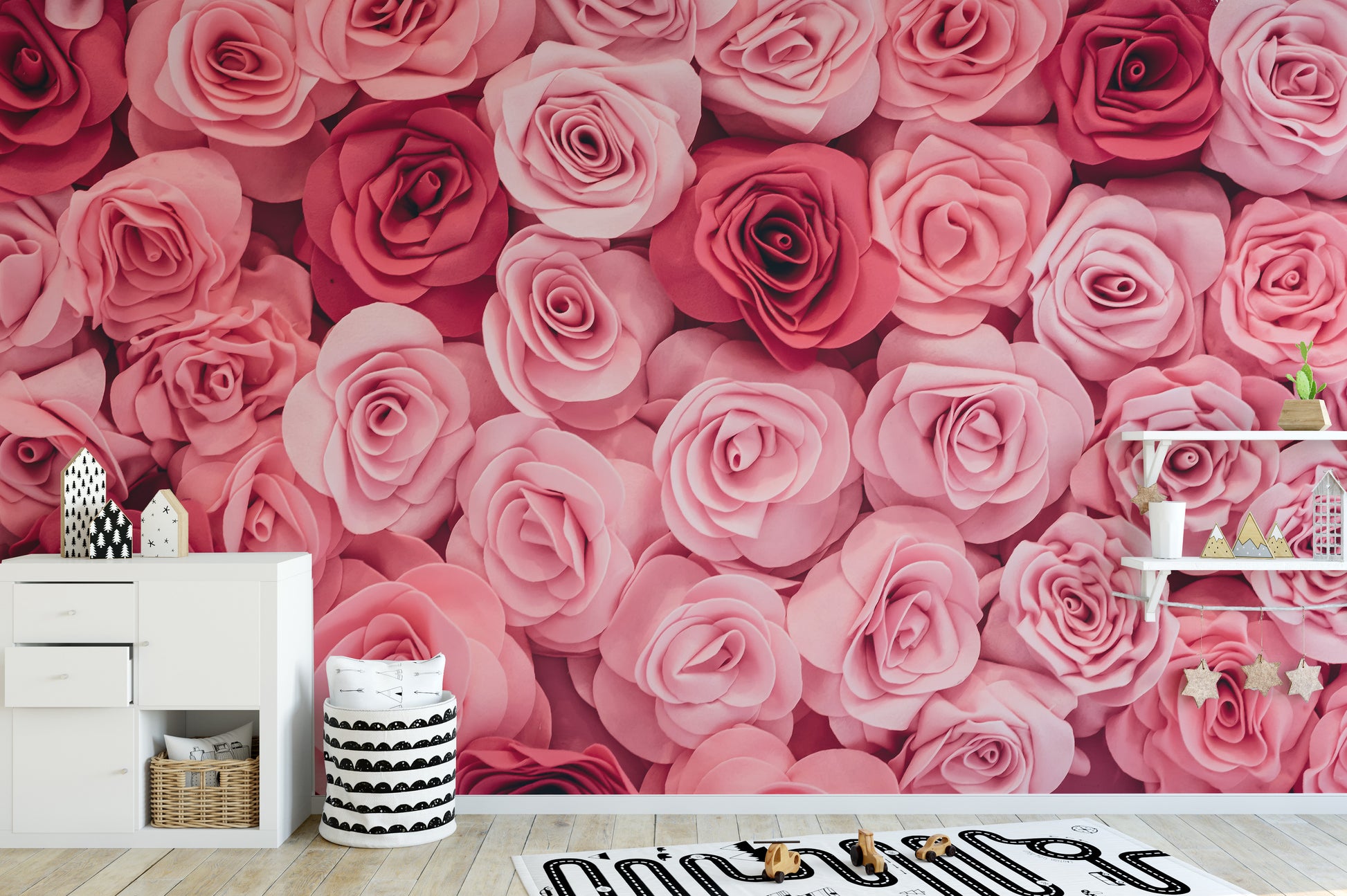 Delicate pink roses wallpaper mural for a graceful touch.
