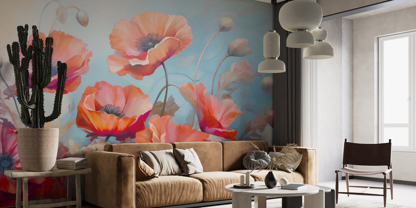 Bold red and blue wild poppies flower wallpaper for a striking decor.